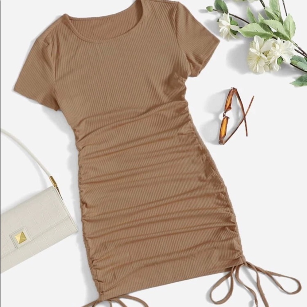 Solid Side Drawstring Ruched Bodycon Dress